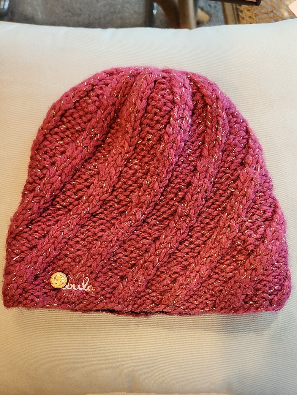 Bula Chunky Knit Beanie Pink With Metallic Gold Threading